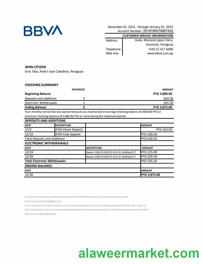 Paraguay BBVA bank statement xls